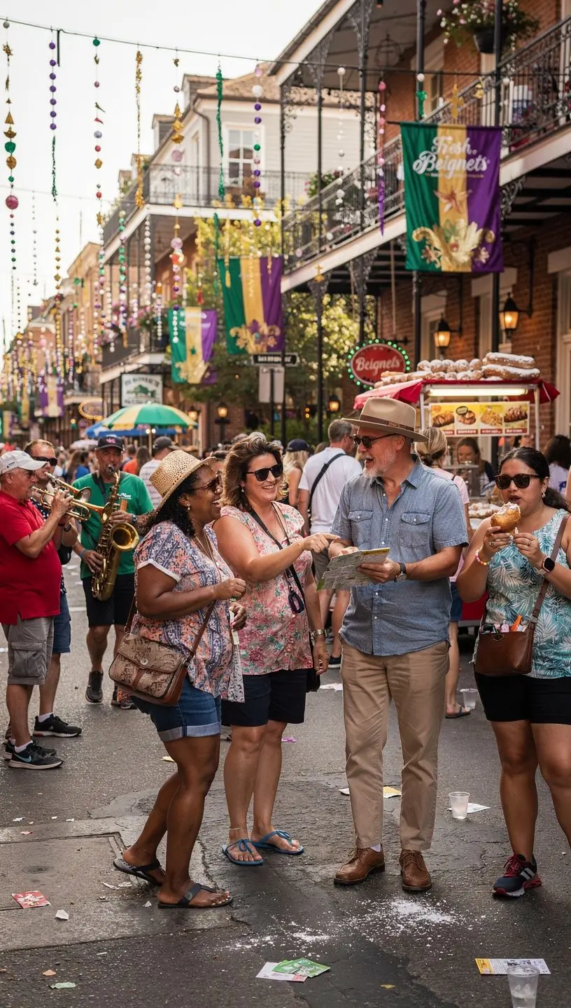 Przewodnik turystyczny pokazujący grupie odwiedzających najważniejsze atrakcje miasta.