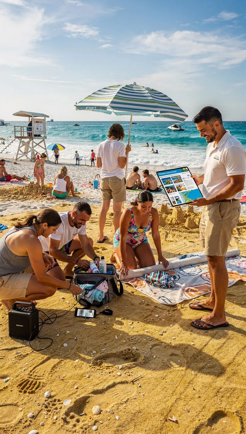 Grupa turystów relaksująca się na plaży w słoneczny dzień.