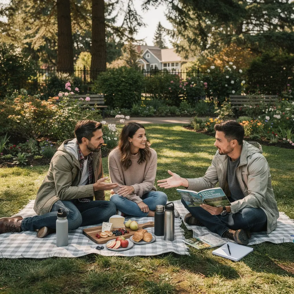 Przewodnik pokazujący atrakcje turystyczne na interaktywnej mapie w biurze podróży.